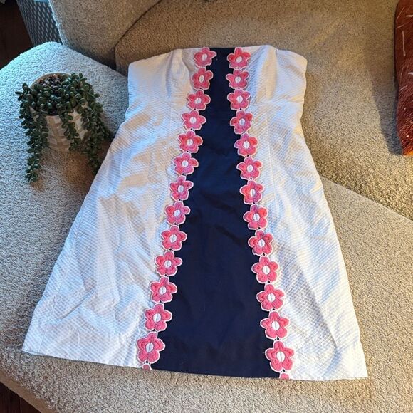 Lilly Pulitzer Floral Strapless Dress in White, Navy, and Pink - Picture 1 of 10